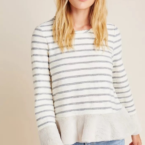 Maeve Anthropologie Striped Knit Astor Fur-Trimmed Pullover A33 - Picture 1 of 6